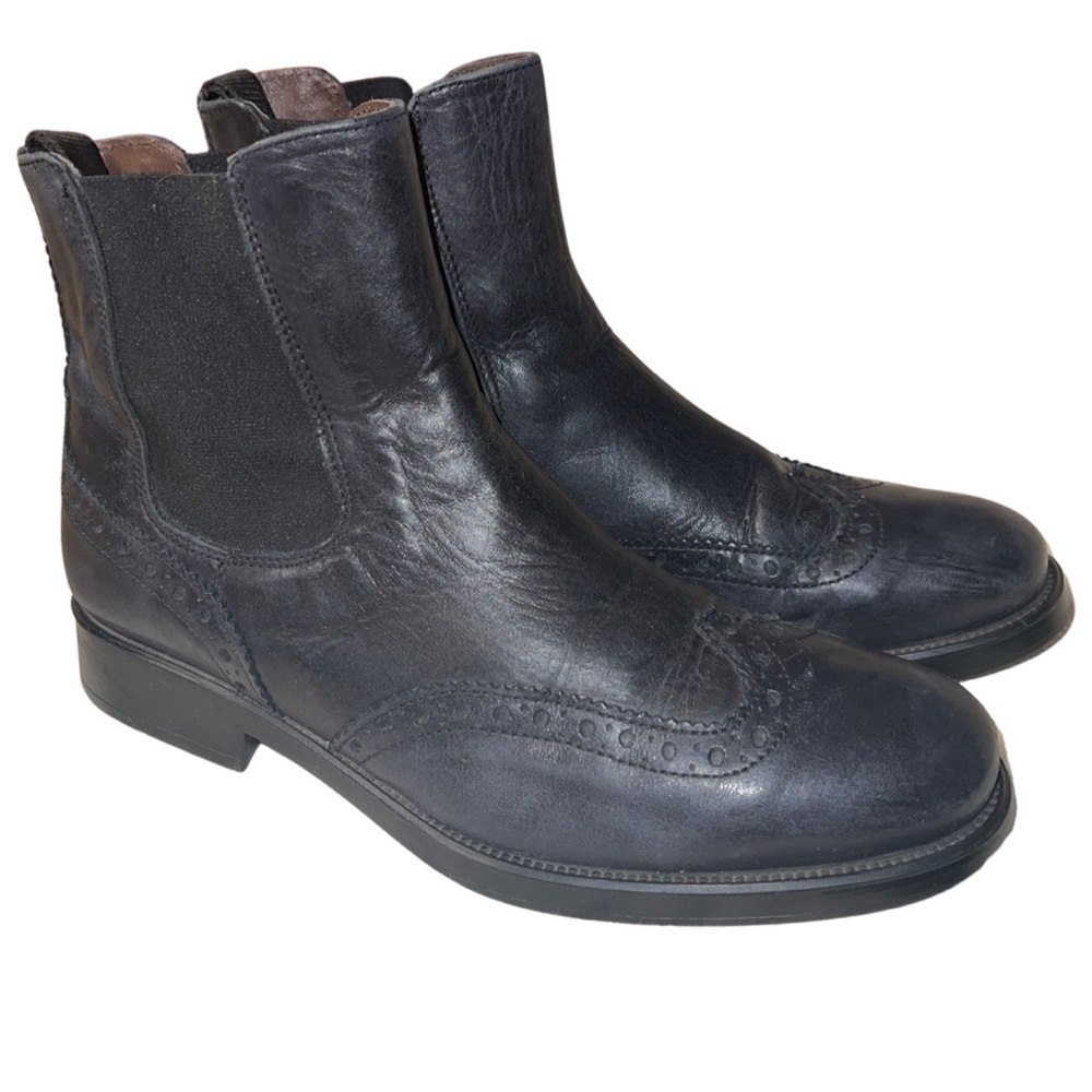 Boemos Black Leather Wingtip Slip On Ankle Boots Booties Italian Made size 38